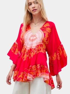 Free People Sunset Dreams Boho Tunic Top Red Orange Bell Sleeve • Size S